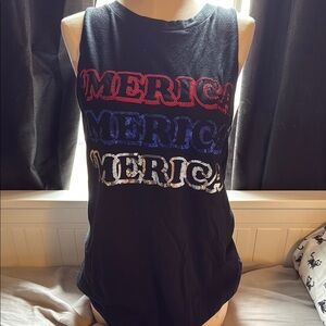 Black Sleeveless Top with Red, Blue, and White Graphic VS pink